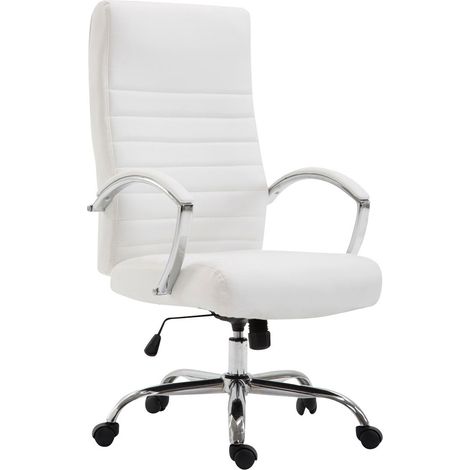 Sillón de oficina con mecanismo basculante y reposabrazos con costuras decorativas en PVC blanco y metal cromado 100002704 (1/5)