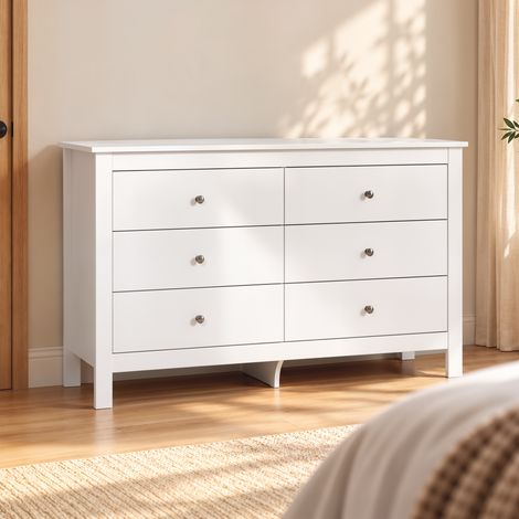 Commode 6 Tiroirs, Meuble de Rangement avec Glissières Fluides, Chiffonnier, Style Moderne, 118 x 39,5 x 75,5 cm, Blanc (1/5)