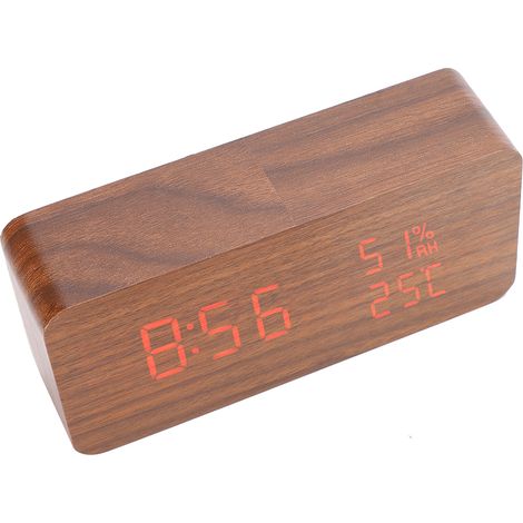 Réveil à Contrôle Vocal en Bois avec Affichage LED Rouge, Horloge Numérique pour Bureau (1/5)