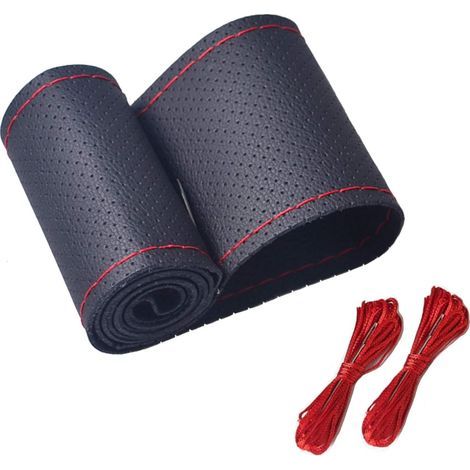 Universal leather car steering wheel cover, DIY project, breathable, non-slip, 38.1 cm (black/red) (1/5)