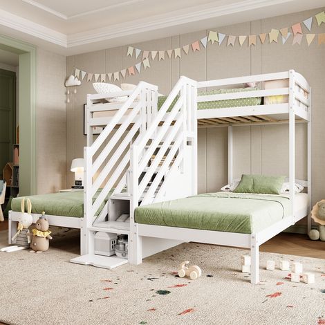 Lit superposé 90x200cm, 3 couchages, pin massif, échelle escamotable à tiroirs, garde-corps, certifié EN 747, sans matelas, blanc (1/5)