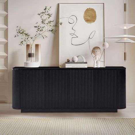 Buffet meuble TV 162,5 x 38 x 61 cm – 4 portes, rangement motif ondulé, MDF noir – Pour salon design (1/5)