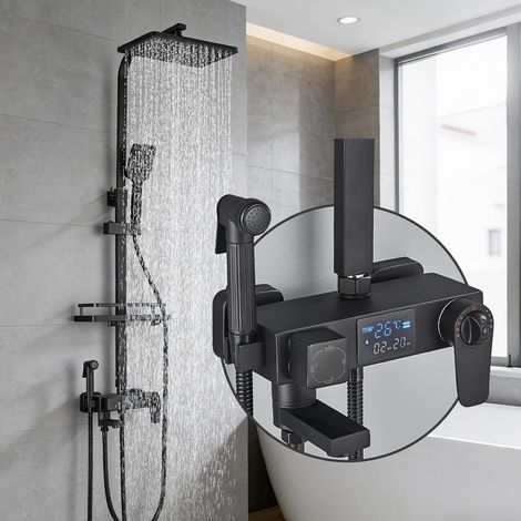 Noir Colonne de Douche avec Mitigeur 38°C Ensemble de Douche avec 4 Fonctions Hauteur Réglable Système de Douche à Tête Carrée avec Douchette à Main pour Salle de Bain (1/5)