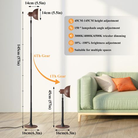 Dimmbare LED-Stehleuchte, höhenverstellbar, Eisengestell, modernes Design, verstellbarer Winkel, ideal für Wohnzimmer, Schlafzimmer und als Leselampe, Modell A – Walnussfarben