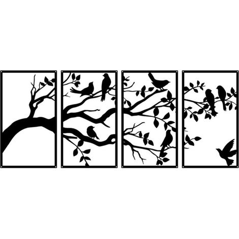 Lot de 4 décorations murales en métal oiseaux et branches, silhouette noire 115x43 cm, déco murale moderne pour salon chambre jardin bureau (1/4)