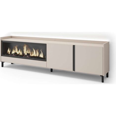 Mueble TV Torrox-01 de 212x61x35 cm con chimenea eléctrica y luces LED, diseño industrial, color beige (1/4)