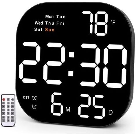 Große digitale Wanduhr (26,8 cm) mit LED-Anzeige, Wochentag, Datum, Sommerzeit, Timer, Temperaturanzeige, 12-/24-Stunden-Format, geeignet für Wohnzimmer und Homeoffice. (1/5)