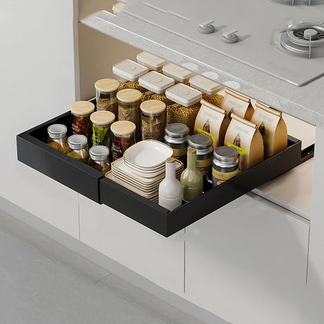 Teleskopschubladen für Küchenschränke, verstellbare Breite 32–50 cm, erweiterbarer Küchenschrank-Organizer mit Klebebefestigung, Schwarz