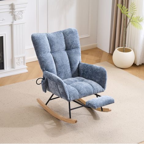 Sillón mecedora de chenilla azul con reposapiés, respaldo alto y bolsillo lateral HAVRYA (1/5)