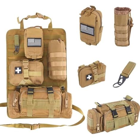 Sac de rangement tactique universel pour dossier de siège de voiture avec 4 pochettes amovibles pour voiture, camion, Ford, Jeep (kaki) (1/5)