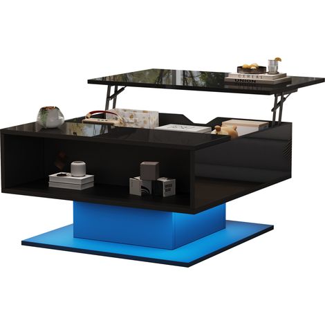 Table basse relevable avec LED, rangement caché et plateau brillant noir, meuble salon ergonomique 80 x 75 x 40 cm, charge 40 kg - CHICFURN (1/5)