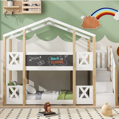 Lit enfant superposé 90 x 200 cm avec escalier de rangement et tableau, blanc et bois HAVRYA (1/5)