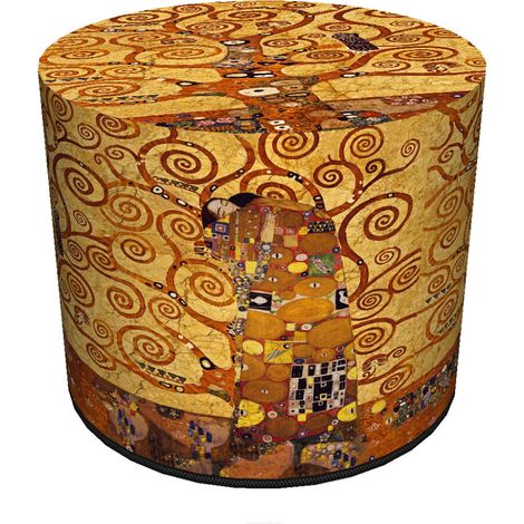 Pouf in velluto, Bertoni, stampa Albero d'oro di Klimt - pouf decorativo rotondo, per soggiorno, cilindro 40 cm, elegante, cerniera (1/5)