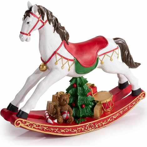 Decorazione vetrina di Natale a cavalluccio a dondolo in resina colorata con alberello, orsetto e pacchi dono sulla base, cm 29,5 x 8,5 x 25,5 H