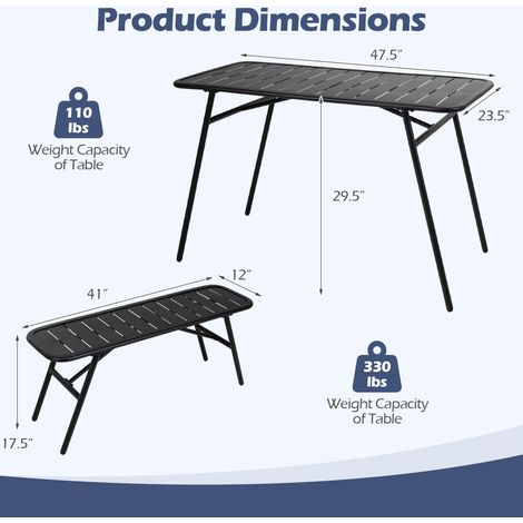 Ensemble repas extérieur noir 3 pièces en métal avec table et 2 bancs, pieds réglables et lattes pour jardin et terrasse (1/5)