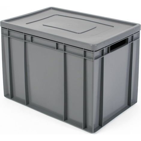 BRB Stapelbehälter mit Deckel, Industriequalität, Euro-Maß LxBxH 600x400x420 mm, 83 Liter, lebensmittelecht, grau (1/2)