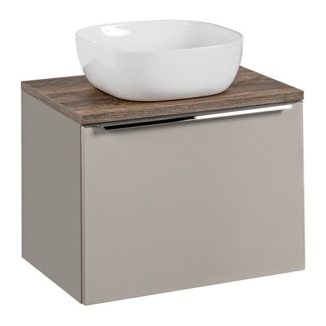 Meuble Salle de Bain 60 cm avec Plateau effet bois vintage et Vasque à poser - Taupe mat et chrome - Rosario - Livraison gratuite