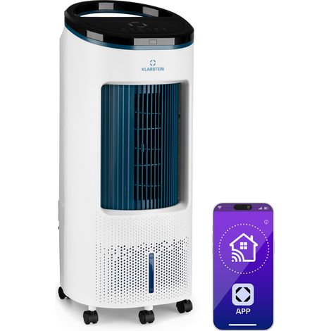 Klarstein Rafraichisseur d'Air Mobile, Refroidisseur d'Air par Evaporation 4-en-1, Mode Nuit Silencieux, Humidificateur, Ventilateur, Application Intelligente, 65W, Débit d'Air 330m³/h, Blanc/Bleu