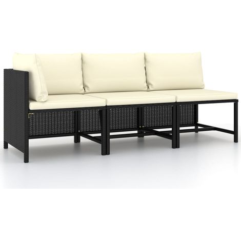 vidaXL Set Divani da Giardino 3 pz con Cuscini in Polyrattan Nero