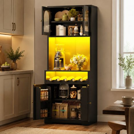 Lot de 2 buffets hauts noirs avec LED RGB, portes vitrées et range-bouteilles (1/5)
