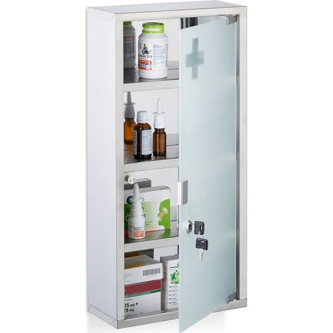 Relaxdays Armoire à pharmacie, 4 compartiments, acier inoxydable et verre opale, H x L x P : 57 x 27 x 12 cm. argentée
