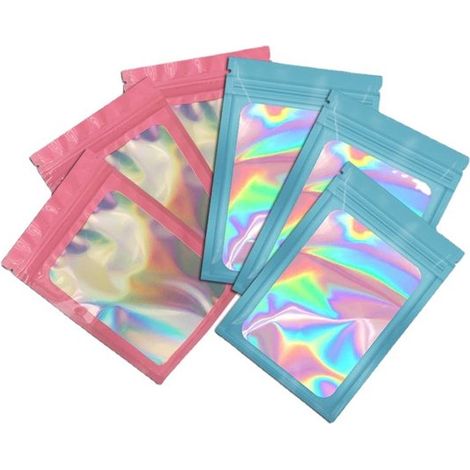100 unidades, 169 cm, Bolsas de mylar holográficas, Resellable, Con ventana transparente, Para alimentos, té, brillo labial y joyas, Rosa y azul (1/5)