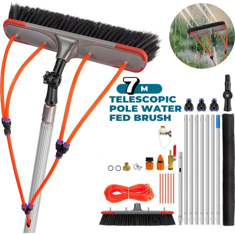 Kit de perche alimentée en eau, outils de nettoyage de 7 m, tête de brosse pivotante à 180° et tuyau de 20 m (1/5)