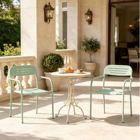 Stapelbare Gartenstühle aus Metall, 2er-Set mit Armlehnen, grün, OKMYHOME (1/5)