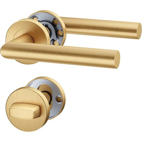1 Paire - Poignée de porte - Rosace ronde - Acier inoxydable finition or mat PVD - Pour portes intérieures salle de bains épaisseur 35 à 55 mm - Or - Entraxe 38 mm (1/5)