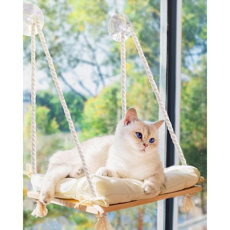 Cat Window Perch - Hammock Bed for Cats Inside - Solid Wood Seat, 4 Strong Suction Cups, Soft Cushion - Rustic Indoor Pet Shelf (1/5)
