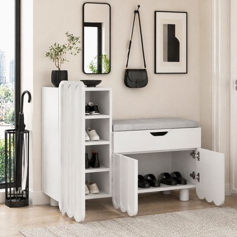 Zapatero de 3 puertas con cajón, asiento acolchado, 90 x 35 x 74,5 cm, blanco HAVRYA (1/5)