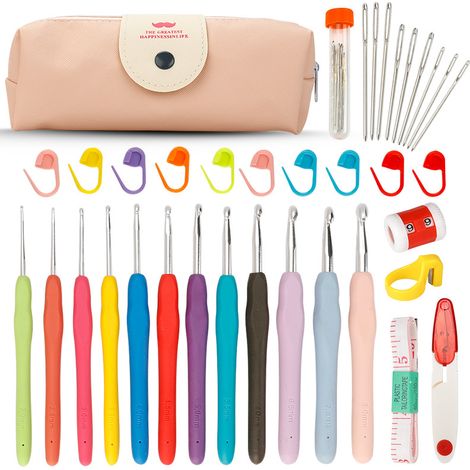 Ensemble d'outils de tricot de 35 pièces – comprenant des crochets, des marqueurs et un mètre ruban – disponible en plusieurs couleurs (1/3)