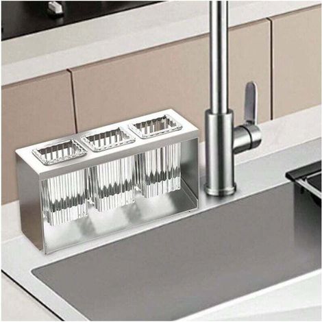 Porte-ustensiles de cuisine pour le comptoir, organisateur de couverts avec 3 compartiments de rangement, organisateur de cuisine, porte-couverts, cuillère, spatule, fourchette (1/4)