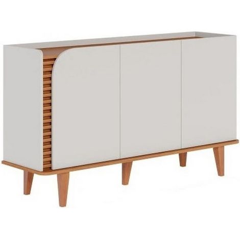 Beaux Meubles Pas Chers – Buffet bas 3 portes 5 niches blanc et imitation chêne – Structure en panneaux de particules – Pieds en bois massif eucalyptus – L 136 H 79.2 P 39.3 cm (1/5)