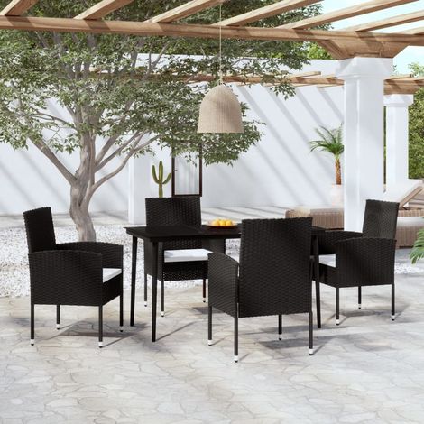 Ensemble de Jardin 5 Places en Acacia Massif Noir avec Coussins Crème et Finition Huilée, Résine Tressée Résistante, Table 85x85x74 cm et Chaises 52x57x84 cm (1/5)