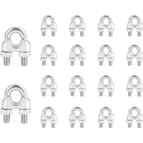 Lot de 16 Serre Cable Acier M10 U Boulon Clip de Câble en acier inoxydable 304 pour Corde à linge,Câble Métallique en Acier de 10 mm Corde (1/5)