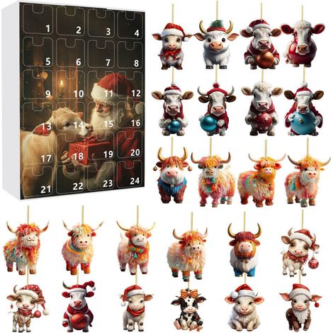 Coffret surprise de Noël, calendrier de l'Avent 24 jours, décoration de sapin de Noël 2D en acrylique avec un taureau de dessin animé, cadeau de Noël (1/5)