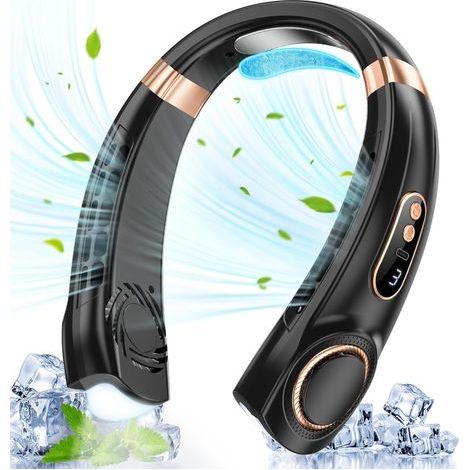 Nackenventilator, USB-wiederaufladbarer, nadelloser Nackenventilator, 360° drehbar, 5 Geschwindigkeitsstufen, mit LED-Anzeige und Akkuanzeige, für den Innen- und Außenbereich, Schwarz (1/5)