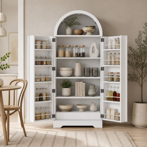 Buffet vitrine 70x40x165 cm en MDF blanc, avec rangement, pour cuisine et salon FloraGrace (1/5)