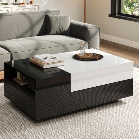 Mesa baja 100x50x38 cm de paneles de madera blanco y negro, con almacenaje para salón FloraGrace (1/5)