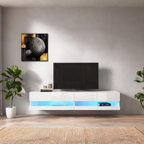 Meuble TV bas 140 cm blanc avec éclairage LED et rangement en MDF (1/5)