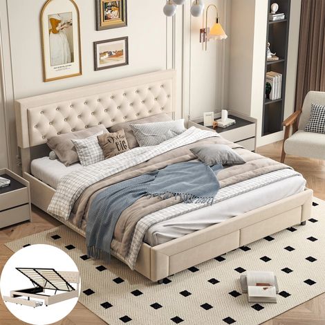 Lit 160x200 cm avec sommier,Chambre complete adulte,lit deux place,Lit coffre 160x200,Cadre de lit,Rangement,2 Tiroirs,Velours,Beige (1/5)