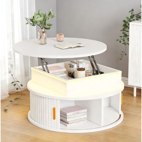Runder höhenverstellbarer Couchtisch 75 cm mit LED, Stauraum, weiß HAVRYA (1/5)