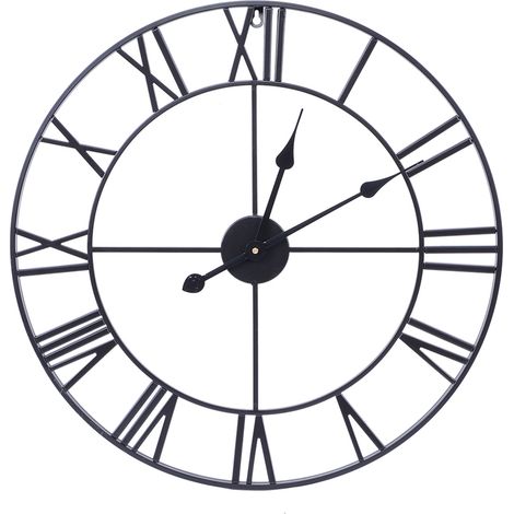 Horloge murale ronde industrielle en fer antique avec chiffres romains, design ajouré silencieux, décoration salon café, 40cm noir (1/5)