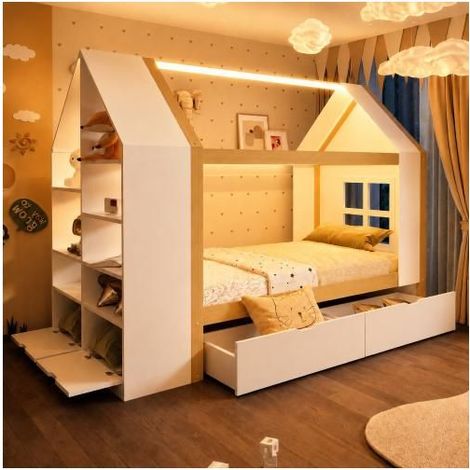 Lit Cabane 90x200 cm avec 2 Tiroirs, Étagères de Rangement, Éclairage LED - Lit Enfant - Blanc et Bois Massif, Design Maison Moderne (1/5)