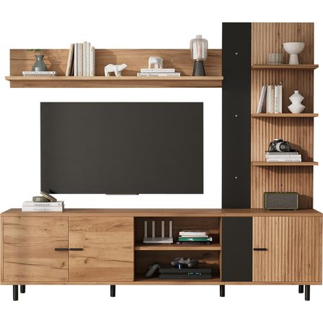 Meuble TV mural avec 3 placards et étagères ouvertes 187,5 x 40 x 167 cm en bois clair et noir, rangement compact pour salon et chambre  CHICFURN (1/5)