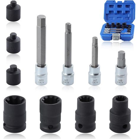 11Pcs jeu de douilles d’étrier de frein à Impact jeu de douilles spéciales et outil à embout avec boîte à outils outil d’étrier de frein adapté pour Benz Bmw Audi Porsche H7 H8 H9 H11 (1/5)