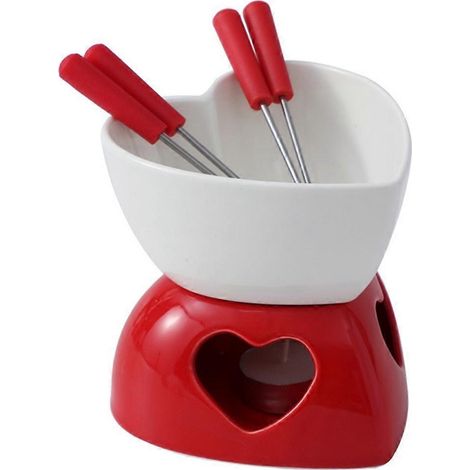 Service à fondue en forme de cœur - caquelon en céramique, service à dessert, comprend quatre fourchettes et une bougie, compatible avec le fromage, blanc. (1/5)