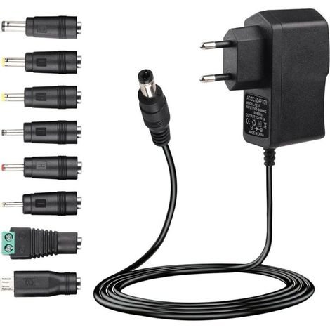Alimentation 12V 1A, Secteur Universel 12V 1A 12W AC-DC avec 8 Connecteurs DC, Prise 5,5 x 2,1 mm, Alimentation 220V/230V vers 12V pour LED, Caméra, Routeur, Électronique 0-1A, 1000mA Max (1/5)