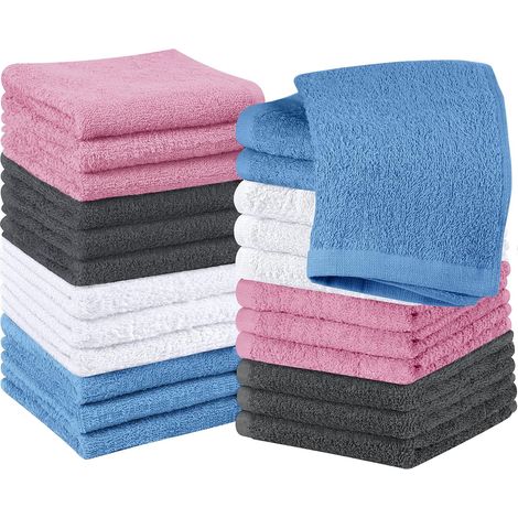 Set de Gants de Toilette (Lot de 24 - Blanc Gris Bleu électrique Rose)-100% Coton filé à l'anneau, Serviettes de Toilette 30 x 30 CM, Debarbouillette très absorbants Petite Serviettes (1/5)